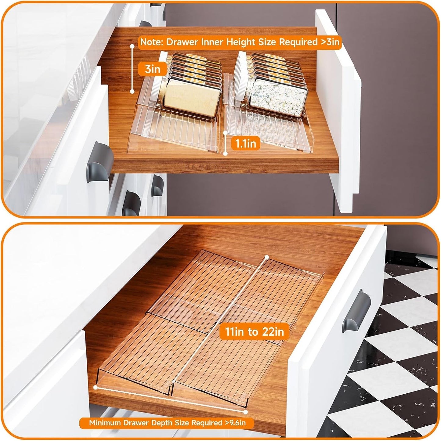 Yieach 8 Pack Adjustable In Drawer Spice Organizer - Expandable From 11'' to 22'' - Acrylic Drawer Seasoning Organizer,Clear Spice Organization Tray for Cabinet Drawers Condiment,Nail Polish and Jar