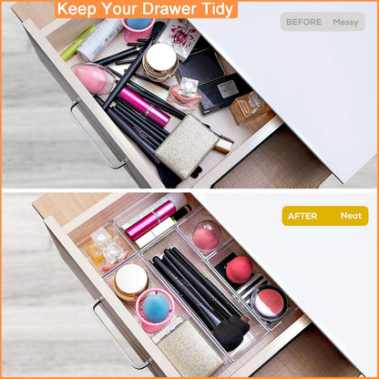 DCA 28 PCS Clear Plastic Drawer Organizers Set, 4-Size Versatile Bathroom and Vanity Drawer Organizer Trays, Storage Bins for Makeup, Bedroom, Kitchen Gadgets Utensils and Office