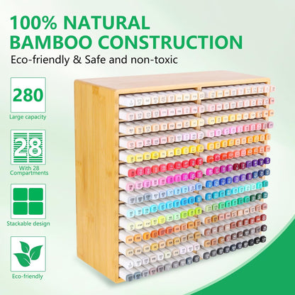 walowalo Markers Organizer Hold 176 Markers Birthday Gifts Bamboo Pen Holder Art Supply Pencil Alcohol Storage Organizer 22 Compartments All-in-One Marker Storage for Home Office Desk Classroom