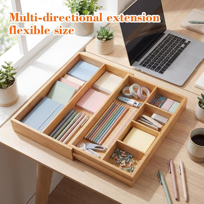 Bamboo Sliding Desk Drawer Organizer 8.2'' up to 16.4'' x 14.4'' x 2.2'' Expandable Office Desk Accessories Supplies Tray with 7 Compartments for Pens, Notebooks, Rulers, and Makeup Jewelry Vanity