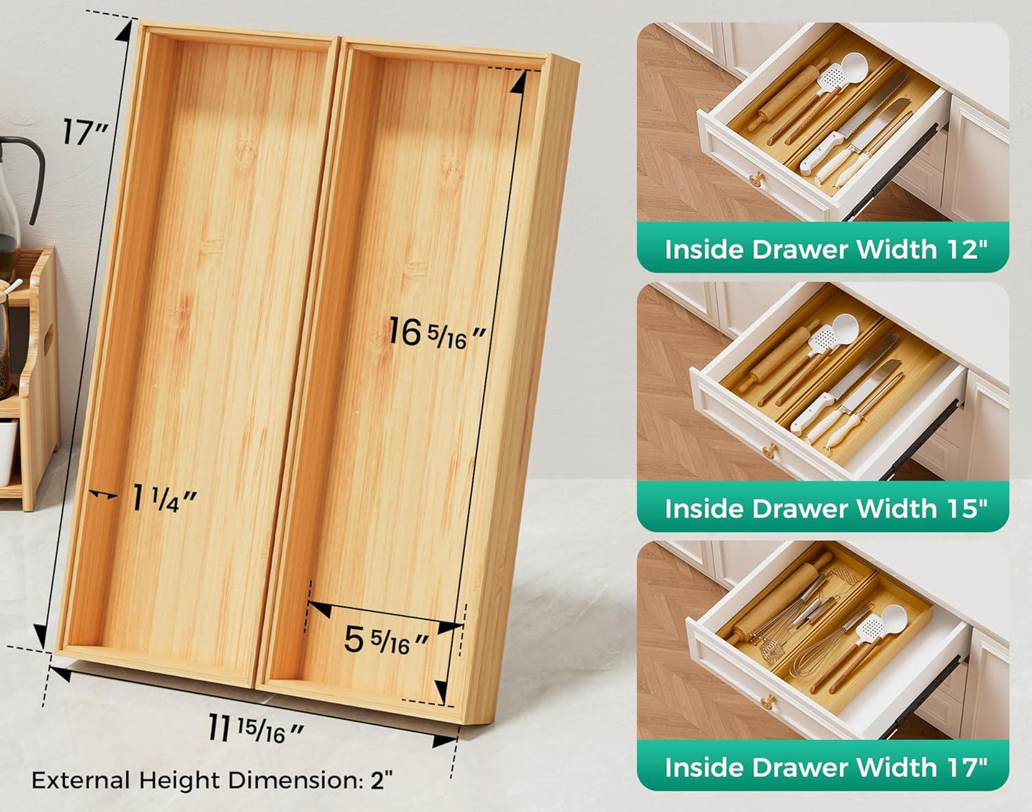 Bamboo Kitchen Drawer Organizer Set of 2, Stackable 15" x 6" Wood Silverware Utensil Tray for Drawers Bins, Cutlery & Flatware Storage – Wooden Boxes Organizers for Junk Drawer, Bathroom, RV