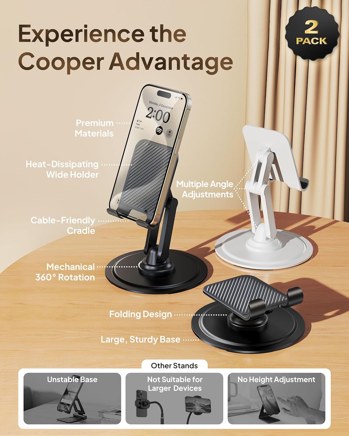 COOPER 360° Stand, Rotating Cell Phone Stand for Desk | Sturdy Metal Base, Foldable, Portable | Cell Phone Holder for Desk (Piano Black)