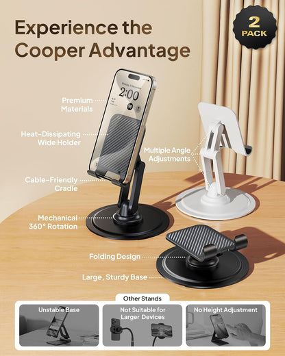 COOPER 360° Stand, Rotating Cell Phone Stand for Desk | Sturdy Metal Base, Foldable, Portable | Cell Phone Holder for Desk (Piano Black)