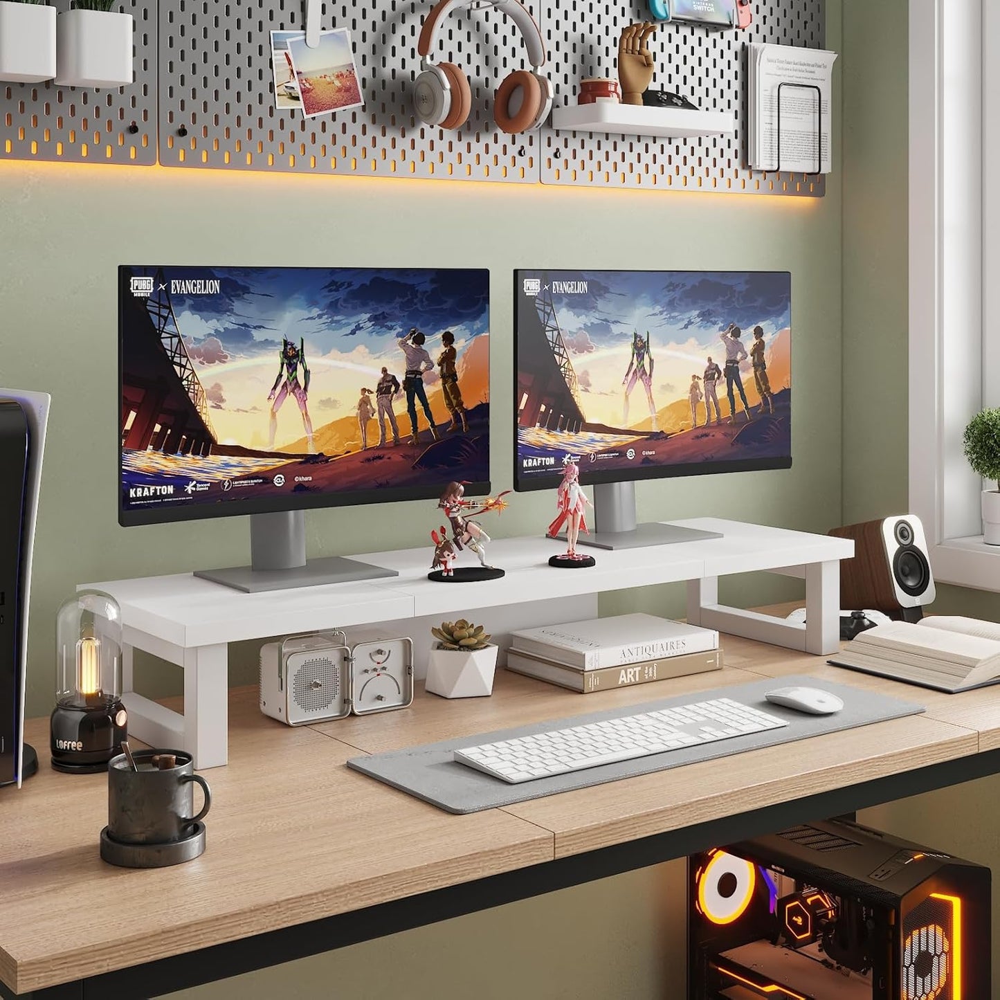 WESTREE Dual Monitor Stand Riser, Wood and Steel Multi-Purpose Desktop Storage Stand for 2 Monitors for Computer, Laptop, Printer, TV, Rustic Brown