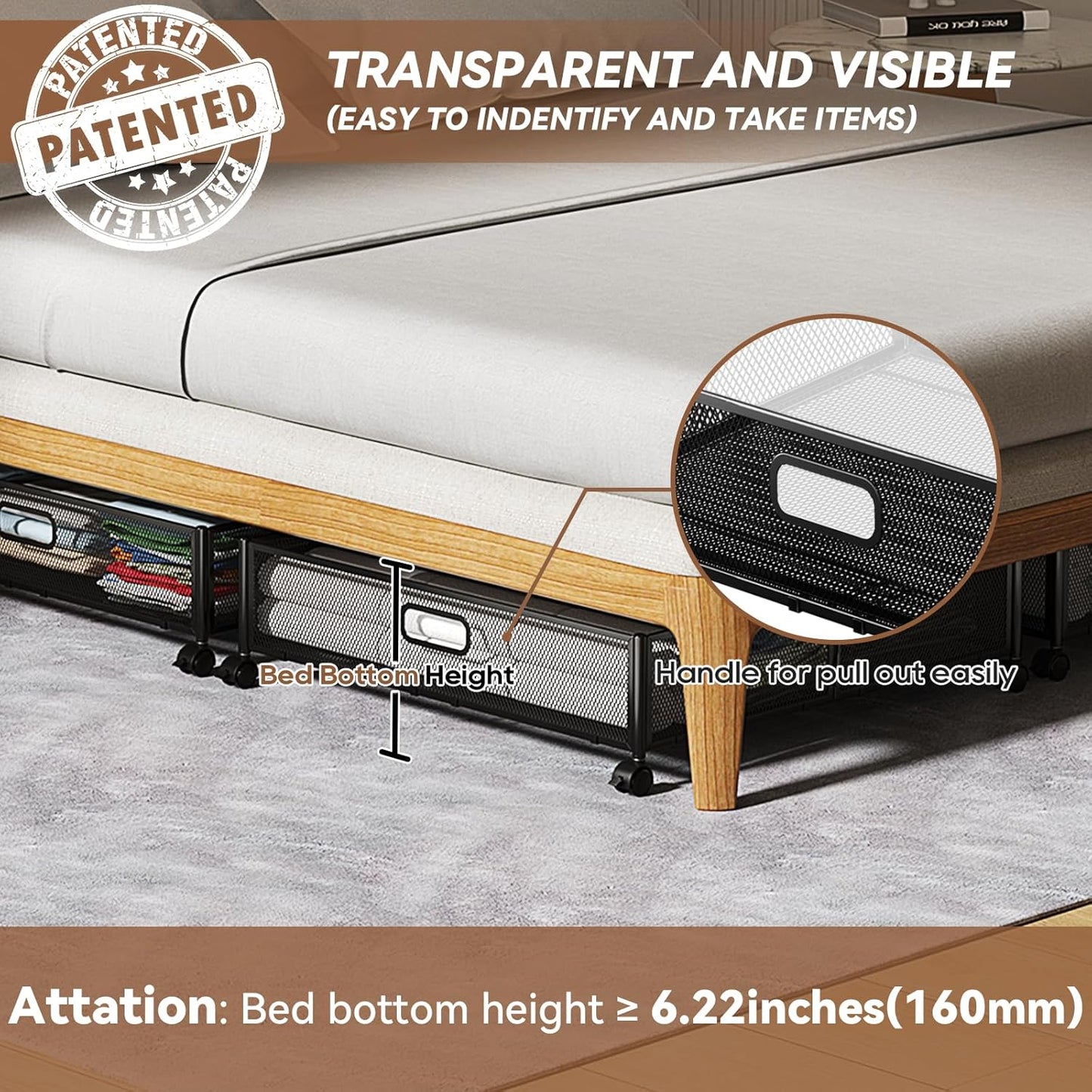 PHINOX Under Bed Storage Containers with Wheels, Under Bed Shoe Storage Organizer Drawer, Tool-free Assembly Metal Storage Containers for Bedroom Clothes Shoes Blankets -2PCK