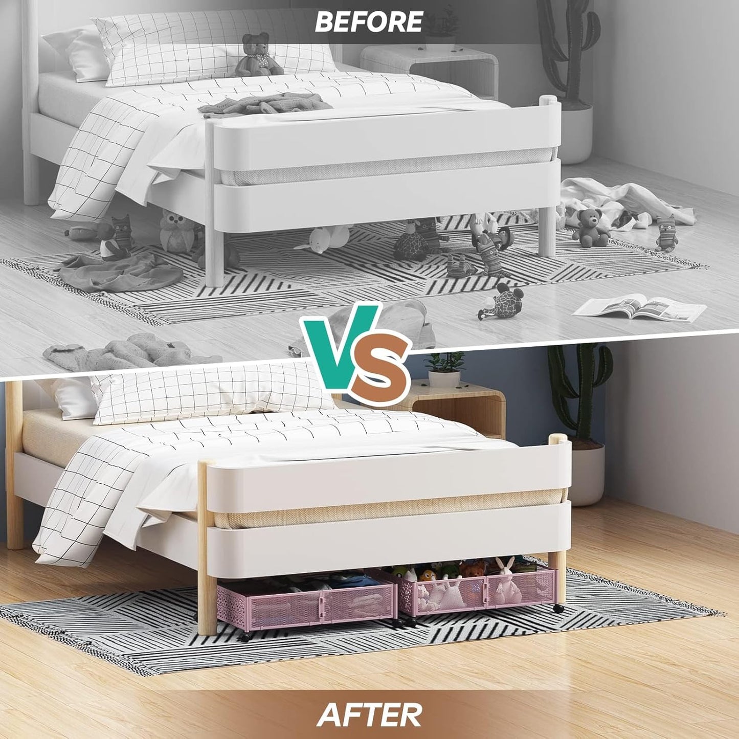 PHINOX Under Bed Storage Containers with Wheels, Under Bed Shoe Storage Organizer Drawer, Tool-free Assembly Metal Storage Containers for Bedroom Clothes Shoes Blankets -2PCK