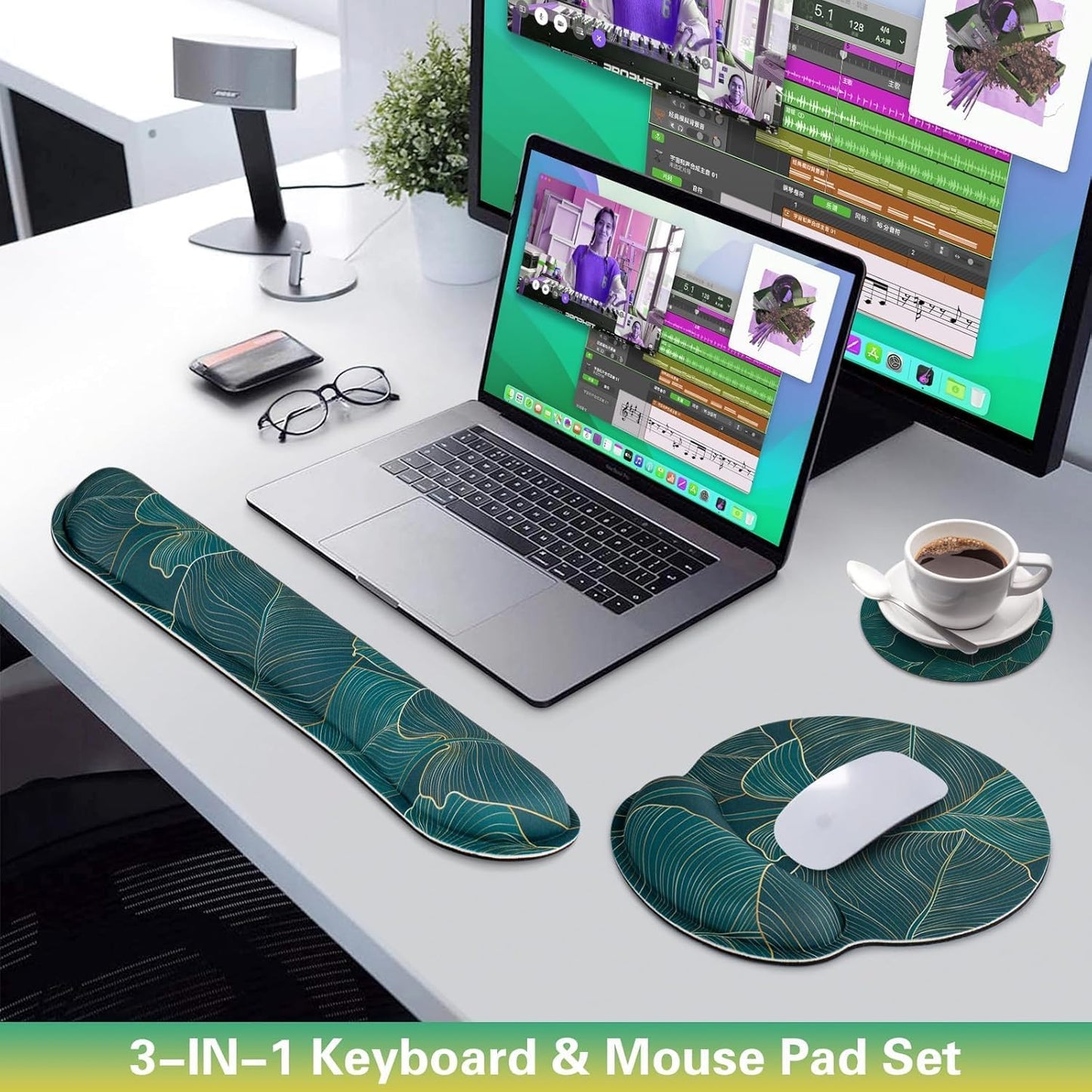 Mouse Pad with Wrist Rest Set, Qomolama 3-in-1 Wrist Support Mouse Pad Set, Floral Gaming Mousepad with Anti-Skid Base,Ergonomic Mouse Pad,Memory Foam Keyboard Gel Wrists Rest