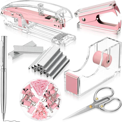 Office Supplies Set Desk Accessory Kit, Acrylic Stapler Set Staple Remover, Tape Dispenser, Binder Clips, Paper Clips, Ballpoint Pen and Scissor with 1000 Pieces 26/6 Staples (Silver)
