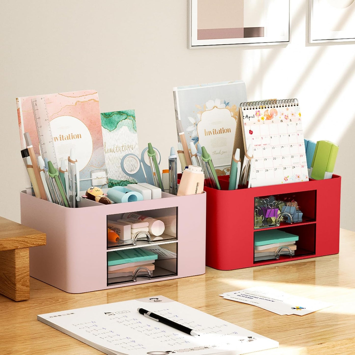 Marbrasse Pen Organizer with 2 Drawer, Multi-Functional Pencil Holder for Desk, Desk Organizers and Accessories with 5 Compartments + Drawer for Office Art Supplies (White)