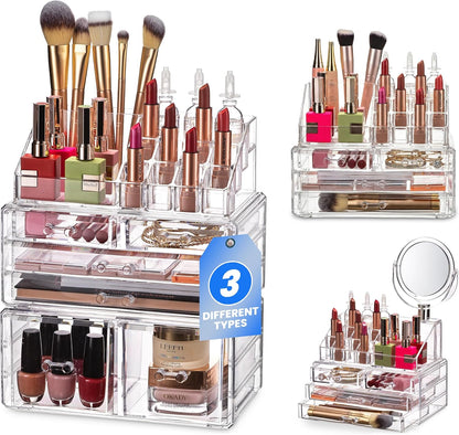 Masirs Clear Makeup Organizer - 16-Compartment Cosmetic and Jewelry Holder with 4 Drawers - Vanity Storage Box for Makeup, Skincare, Accessories, and Jewelry Display