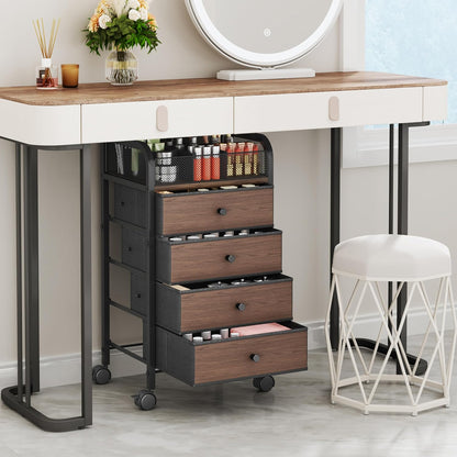 SWTYMIKI Rolling Makeup Organizer Cart - Under Desk Vanity Makeup Storage with 3 Non-woven Drawers, Nail Cart Organizer Cosmetic Display Cases Cabinet for Skin Care Perfume Nail Polish Brush Hair Tool