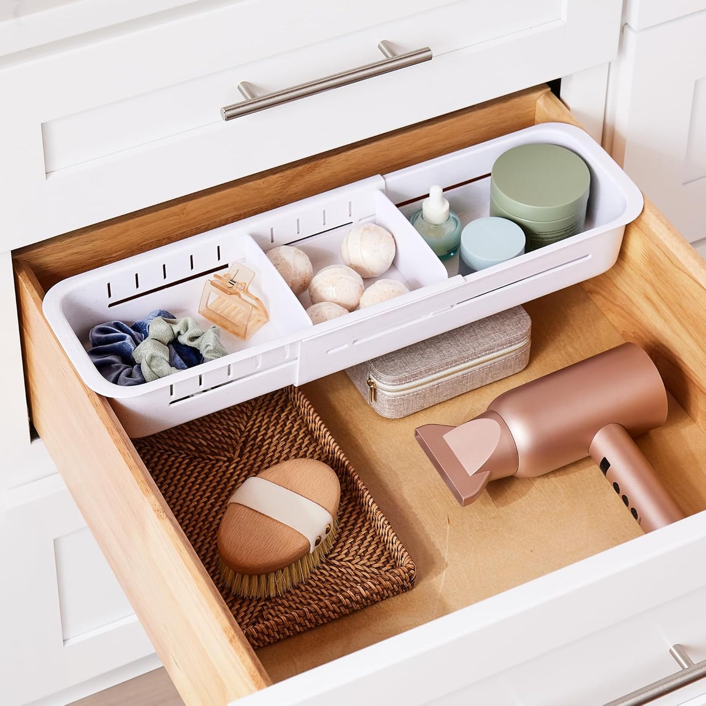 YouCopia DrawerFit Sliding Drawer Tray with Adjustable Dividers, Expandable Kitchen Storage Organizer, Speckled White