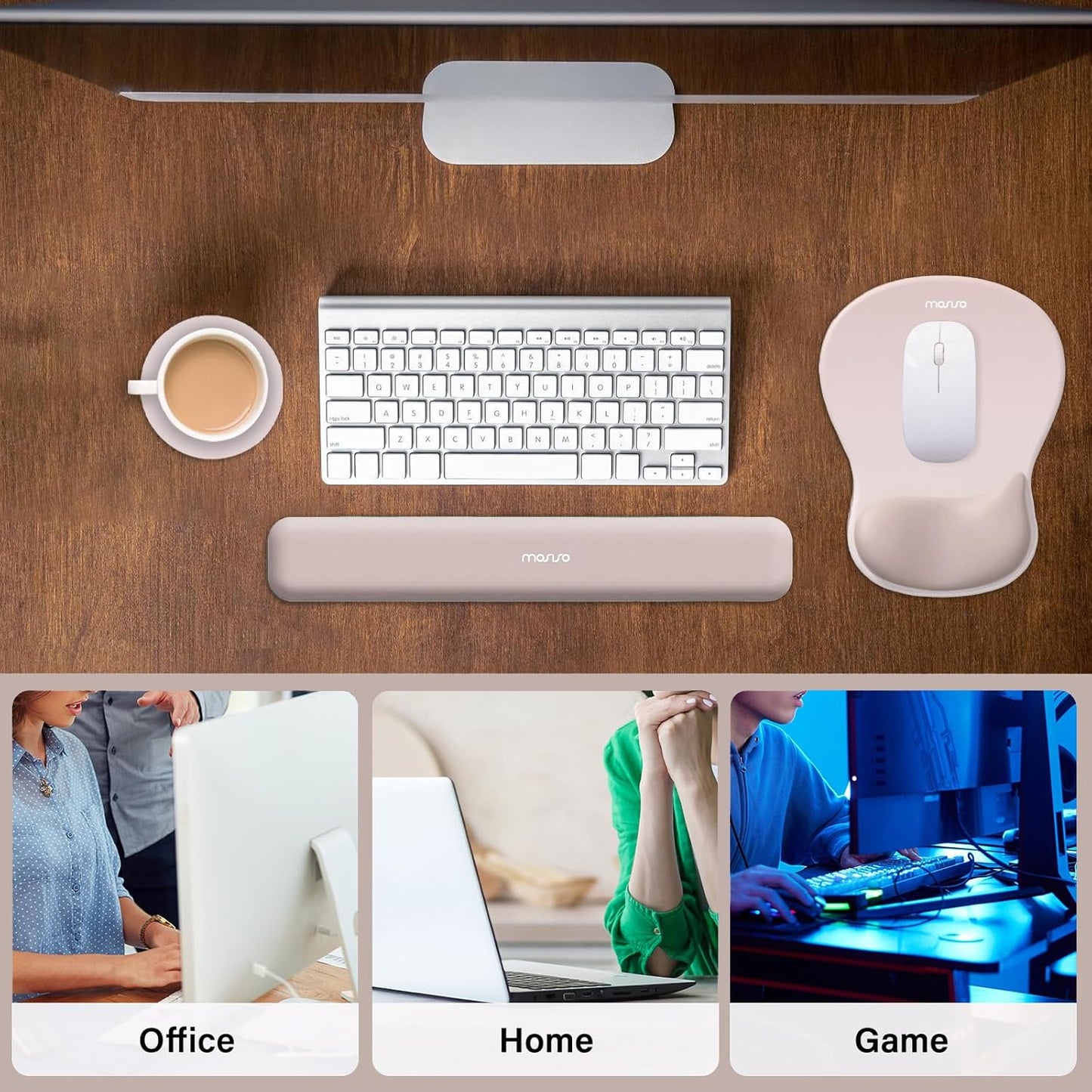 MOSISO Wrist Rest Support for Mouse Pad&Keyboard Set, Ergonomic Mousepad with Concave Curved Memory Foam, Non-Slip Base Pain Relief Comfortable Rectangular Easy Typing Pad for Home/Office, Brown