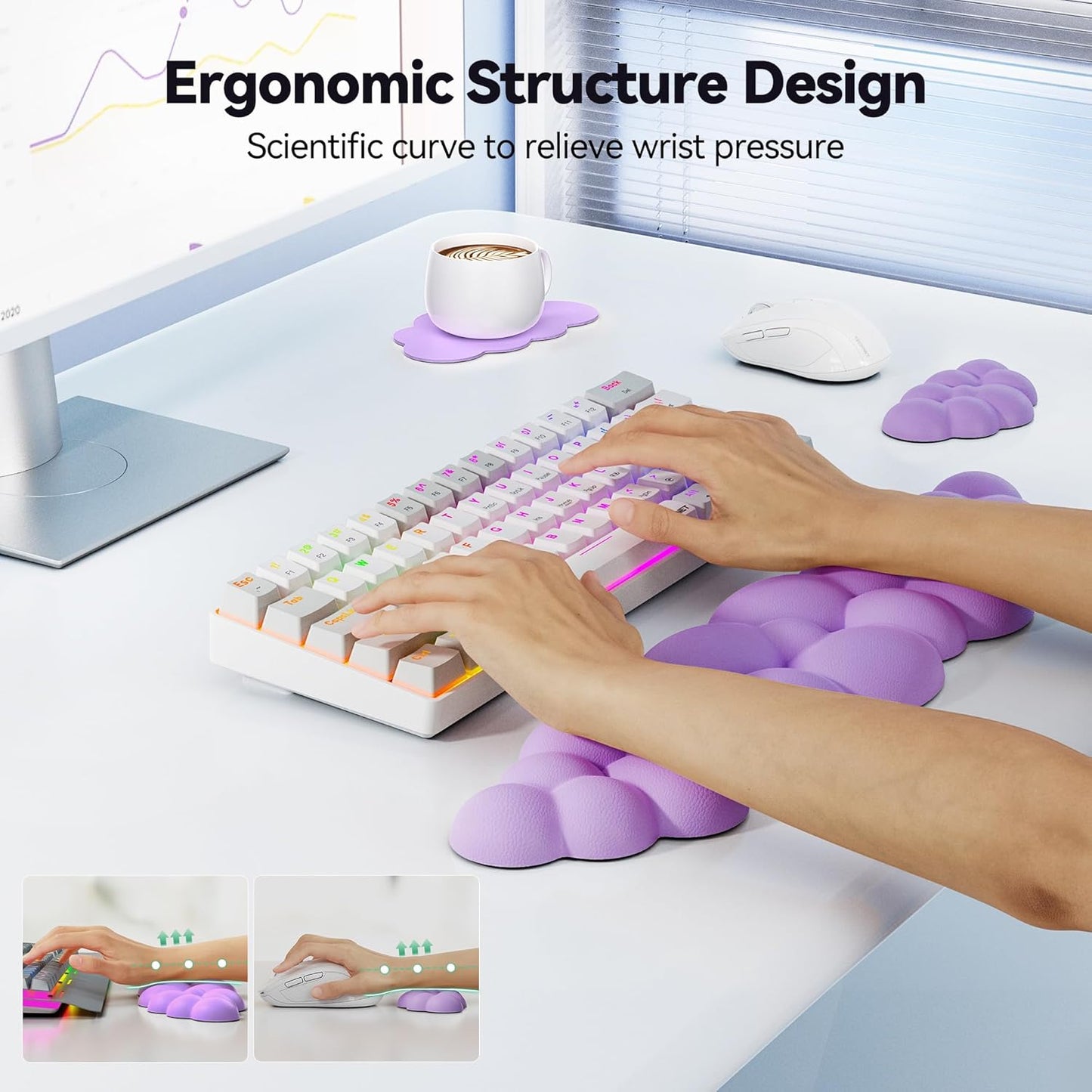 TECKNET Cloud Keyboard Wrist Rest Set, Cloud Wrist Rest with Non-Slip Base, PU Leather Wrist Pad for Keyboard with Ergonomic Memory Foam for Computer Laptop Office Gaming and Pain Relief, White