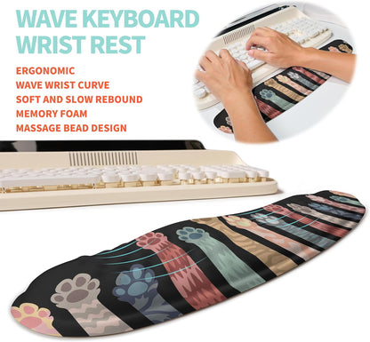 2-in-1 Ergonomic Set, Wave Rise Keyboard Wrist Rest and Massage Bulge Slope Mouse Pad Wrist Support, Cushion Memory Foam Integrated to Relieve Wrist Pain, Black