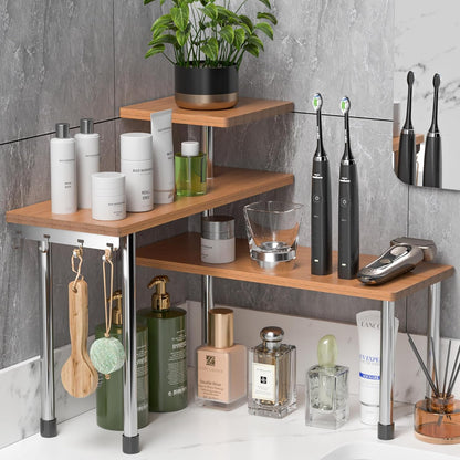 ZHWS Kitchen Countertop Organizer Spice Rack for Salt, Bathroom Counter Organizer Over Sink for Makeup, Skincare, Adjustable 3-Tier Corner Counter Shelf with 4 Hooks for Coffee Bar Dresser Table