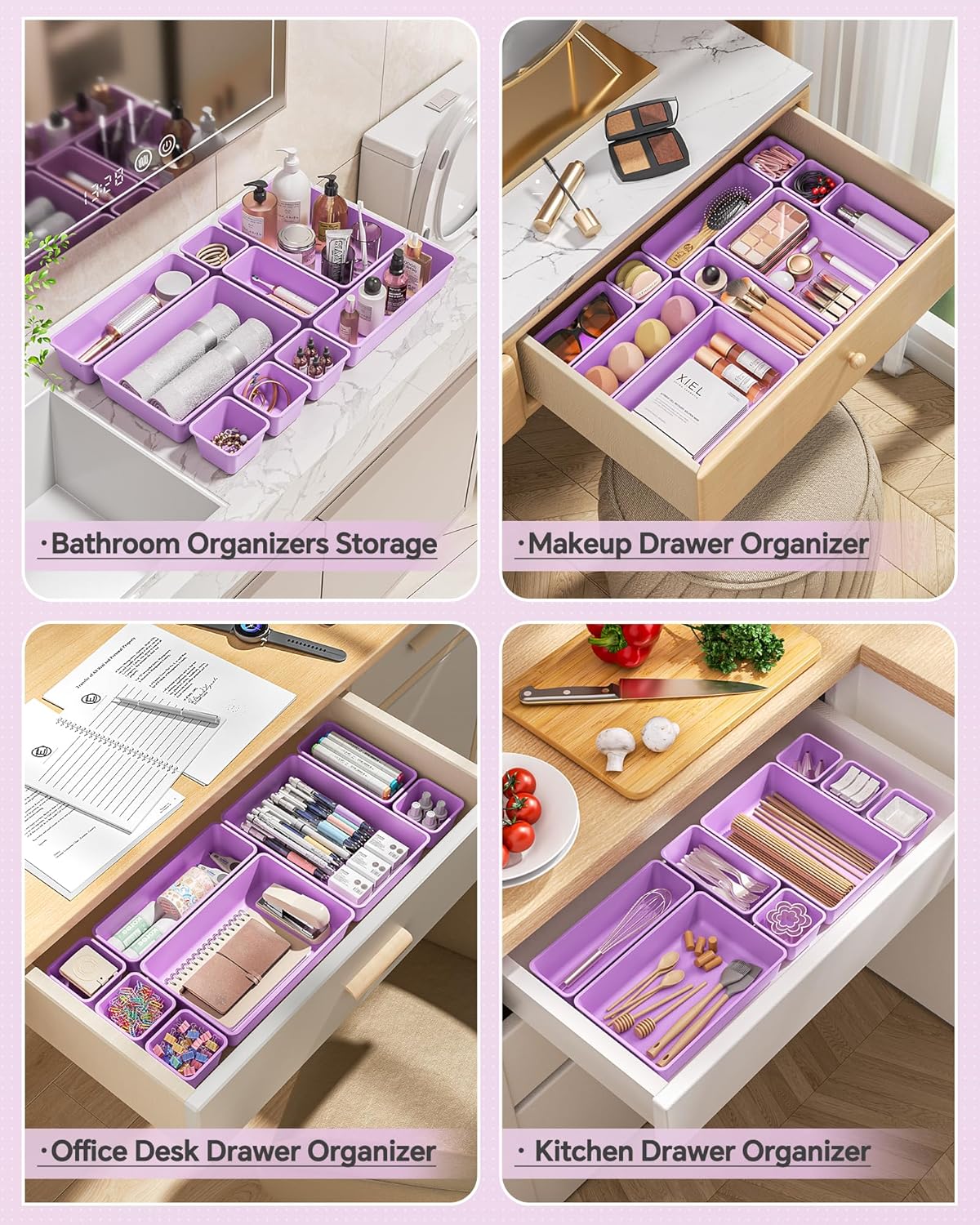 KEMETHY 25 PCS Plastic Drawer Organizers Set, 4 Sizes Vanity Organizer, Makeup and Desk Drawer Organizer Trays, Organization and Storage for Makeup, Bathroom, Kitchen Utensils and Office (Black)