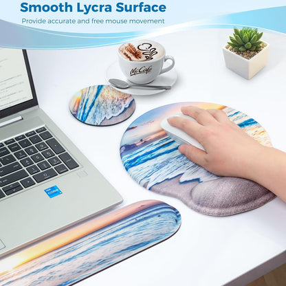 Mouse Pad and Keyboard Wrist Rest Support, with Non-Slip PU Base,Gel Mouse Pad with Coaster,Pain Relief for Gaming, Computer,Office -Beach
