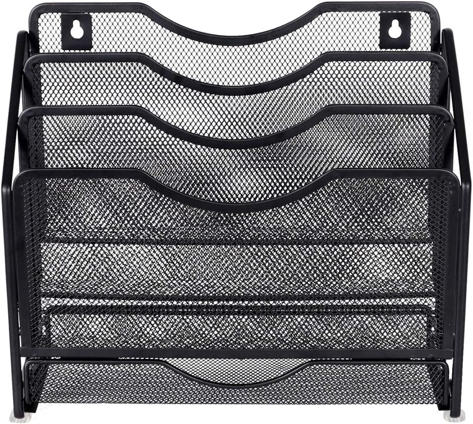 EasyPAG Mesh Desk Paper Organizer Wall Hanging File Holder with 3 Upright File Organizer and Sliding Drawer,Black