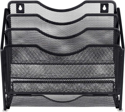 EasyPAG Mesh Desk Paper Organizer Wall Hanging File Holder with 3 Upright File Organizer and Sliding Drawer,Black