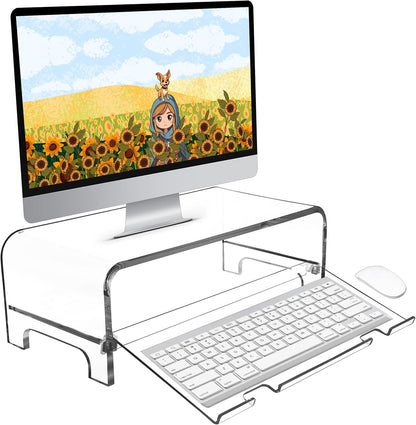 AMT Acrylic Laptop Monitor Stand & Computer Riser with Cat Keyboard Protector, Space-Saving Design, Extra Storage, Clear Shelf - Ideal for Monitors, Laptops, Printers, Desktop Decor