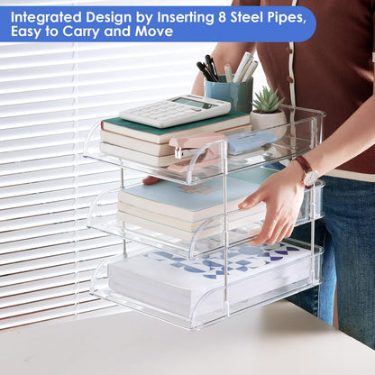 Clear Stackable Paper Trays 4 Pack, PET Letter Tray Desk Organizer, Desktop Organizers and Storage for Books, Magazines, Folders, A4 Size File Paper, Office Supplies