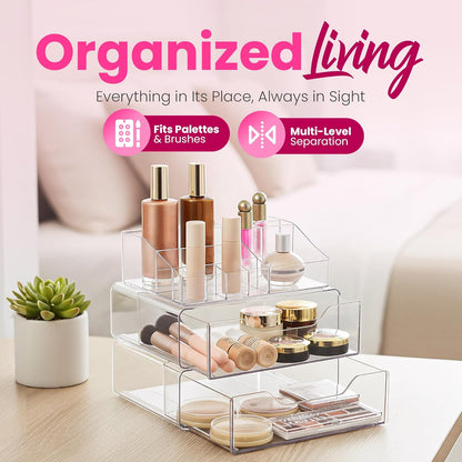 Masirs Clear Makeup Organizer - 16-Compartment Cosmetic and Jewelry Holder with 4 Drawers - Vanity Storage Box for Makeup, Skincare, Accessories, and Jewelry Display