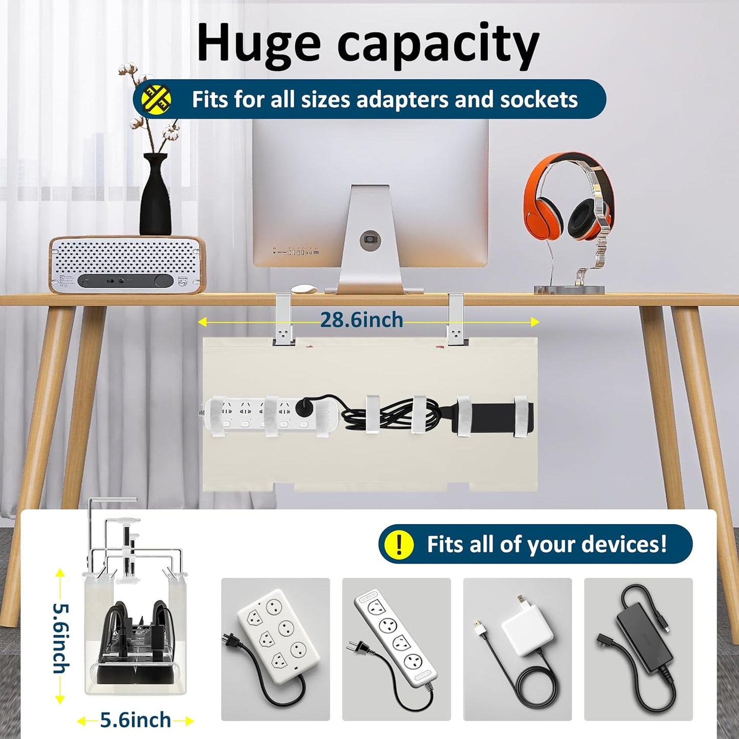Under Desk Cable Management Tray - Under Desk Cord Management - Clamp/Screw Mount - Fabric Wire Management - Cable Raceways Tray Cord Hiders for Office/Home (Black, 35.8"×5.6")