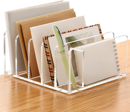SANRUI 5 Compartments Acrylic Mail Sorter Holder, Clear Document Magazine Envelope File Rack, Vertical Letter Sorter & Multifunction Desk Organizer for Bills, Documents, Notebooks