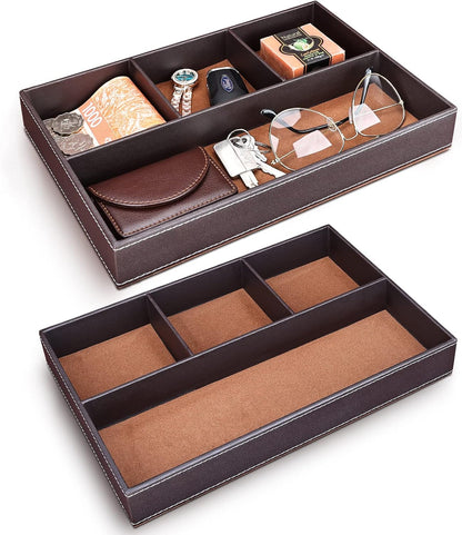 GORESE 2 Pieces Faux Leather Valet Tray for Men, Stackable Jewelry Organizer for Drawers, Nightstand Caddy Tray for Key, Wallet, Sunglass, Watch, Coin, Phone, Bedside Desk-top Storage Black