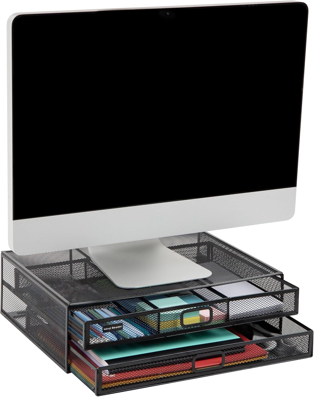 Mind Reader Monitor Stand, Ventilated Laptop Riser, Storage Drawer, Office, Metal Mesh, Black