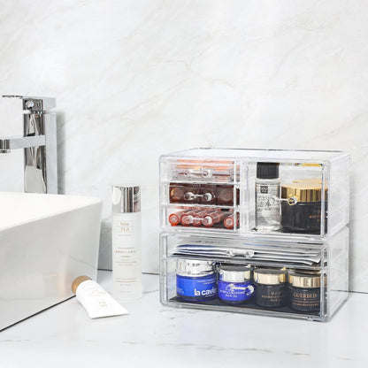 Cq acrylic 2 Pack Clear Desk Organizer With Drawers,Stackable 6 Drawers Skincare Organizer,Cute Skin Care Organizers for Vanity Hair Clip,Jewelry,Beauty Product Desk and Makeup Organizers Countertop