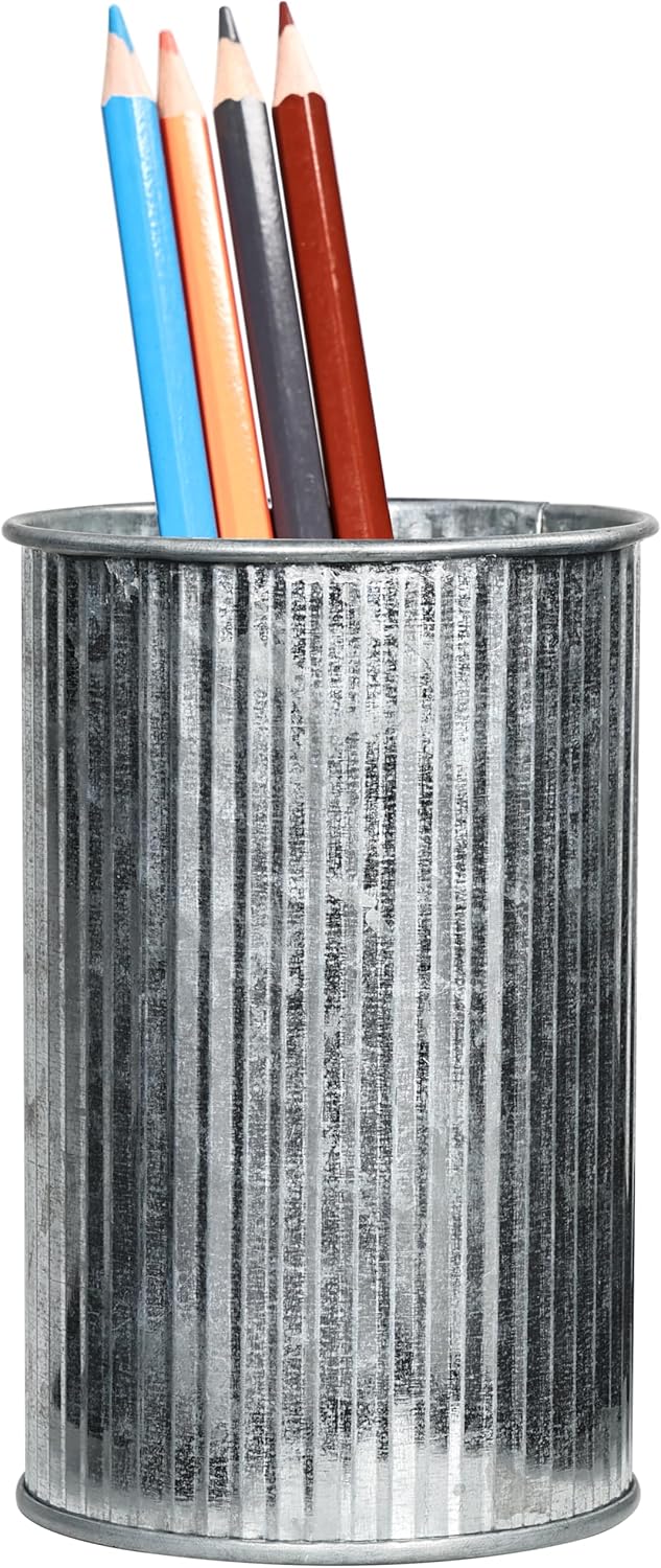 Metal Pen Holder with Vertical Groove Design, Multipurpose Desk Organizer Cup for Pens, Makeup Brushes, Utensils, Straws & Small Vase, Solid Black