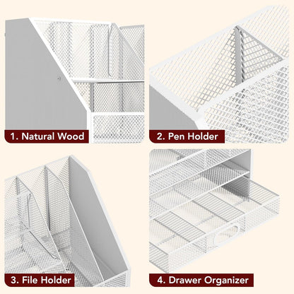 Homsorout Wooden Desk Organizer - Mesh File Organizer with Drawers and Pen Holder - 4-Tier Vertical Paper Letter Storage Tray, Desktop Organizers and Accessories for Home Office