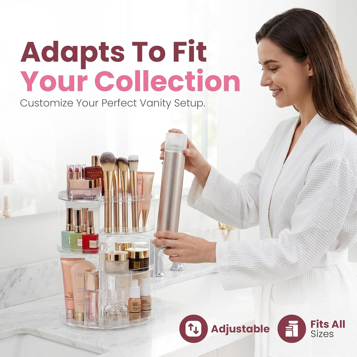 Masirs Small 360 Rotating Makeup Organizer - Mini Yet Spacious Cosmetic Storage Solution with Multiple Compartments - The Perfect Spinning Make-Up Caddy for Vanity or Bathroom Counter (Round - Clear)