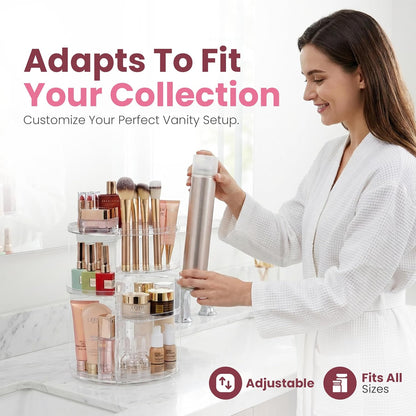 Masirs Small 360 Rotating Makeup Organizer - Mini Yet Spacious Cosmetic Storage Solution with Multiple Compartments - The Perfect Spinning Make-Up Caddy for Vanity or Bathroom Counter (Round - Clear)