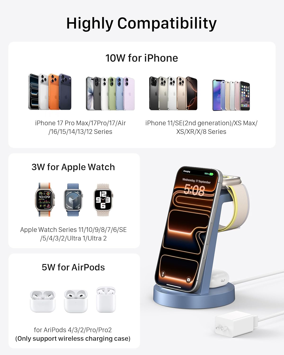 Anlmz 3 in 1 Charging Station for iPhone - Wireless Charger for Apple Products Multiple Devices - Charging Dock Stand for AirPods (for iPhone 17 16e 16 15 14 13 pro 12 11 X Max)