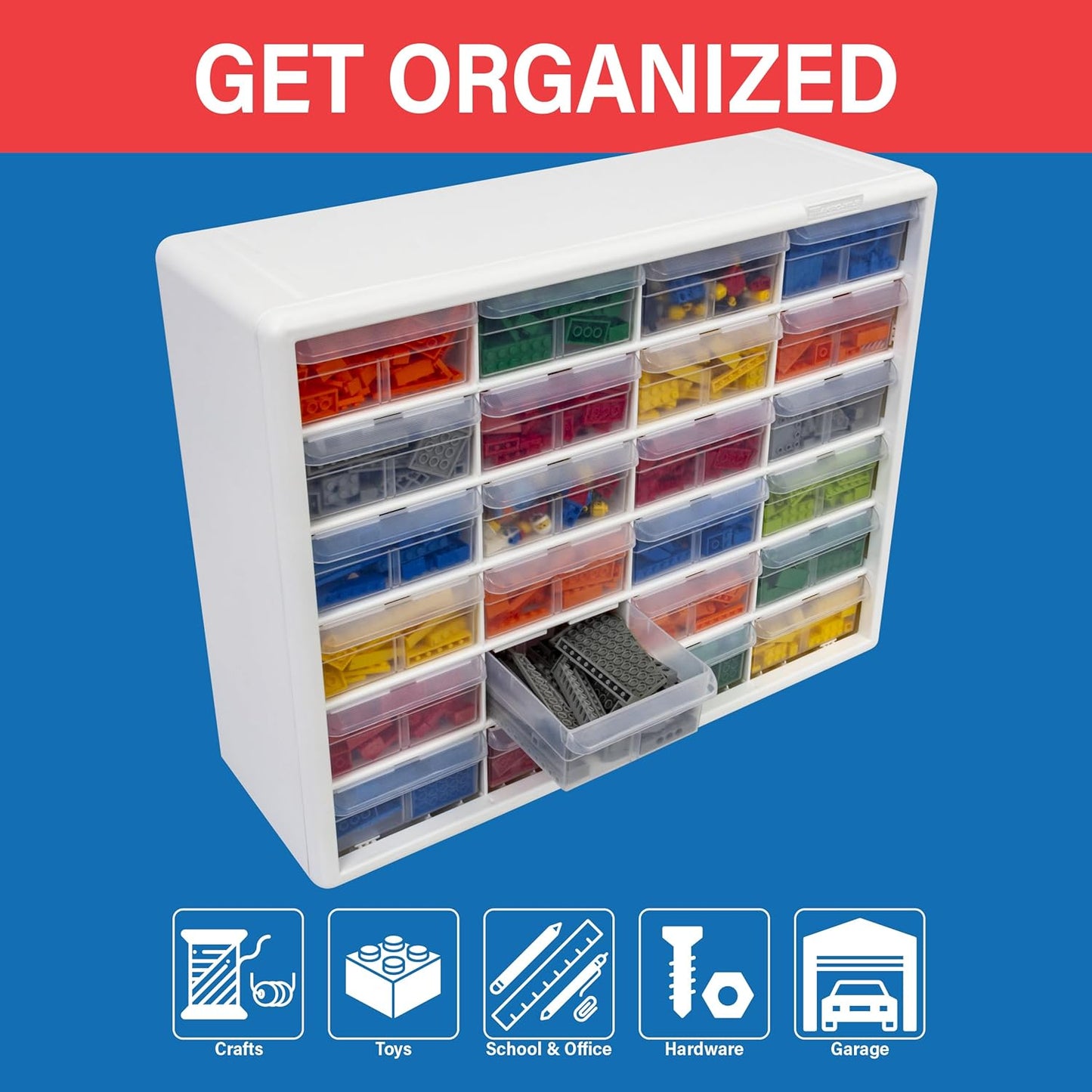 Akro-Mils 24-Drawer Plastic Drawer Storage Cabinet for Garage Organization, Bead Organizer, Building Bricks Storage, Teacher Toolbox, Makeup Organizer, 20" W x 6" D x 16" H, 10124 Black
