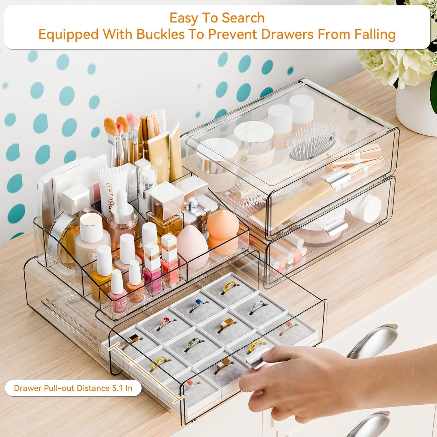 Yieach 3 Tier Clear Acrylic Makeup Organizers with Drawers,Tiered Countertop Make up Storage Organizer for Dresser Top and Bathroom Vanity,Plastic Makeup Stand for Brush,Skincare,Beauty Organizers