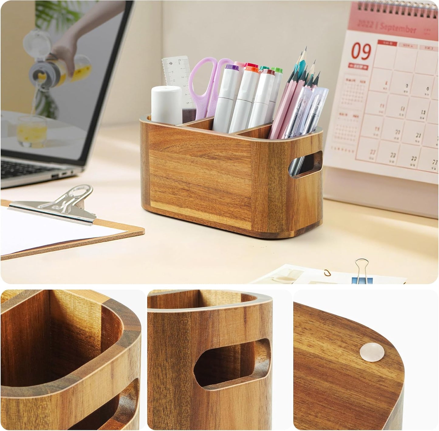 Acacia Wood Pencil Pen Holder for Desk, Wooden Office Organizer with 3 Slots for Countertop, Makeup Brush Holder Remote Control Organizer for School Home Supplies