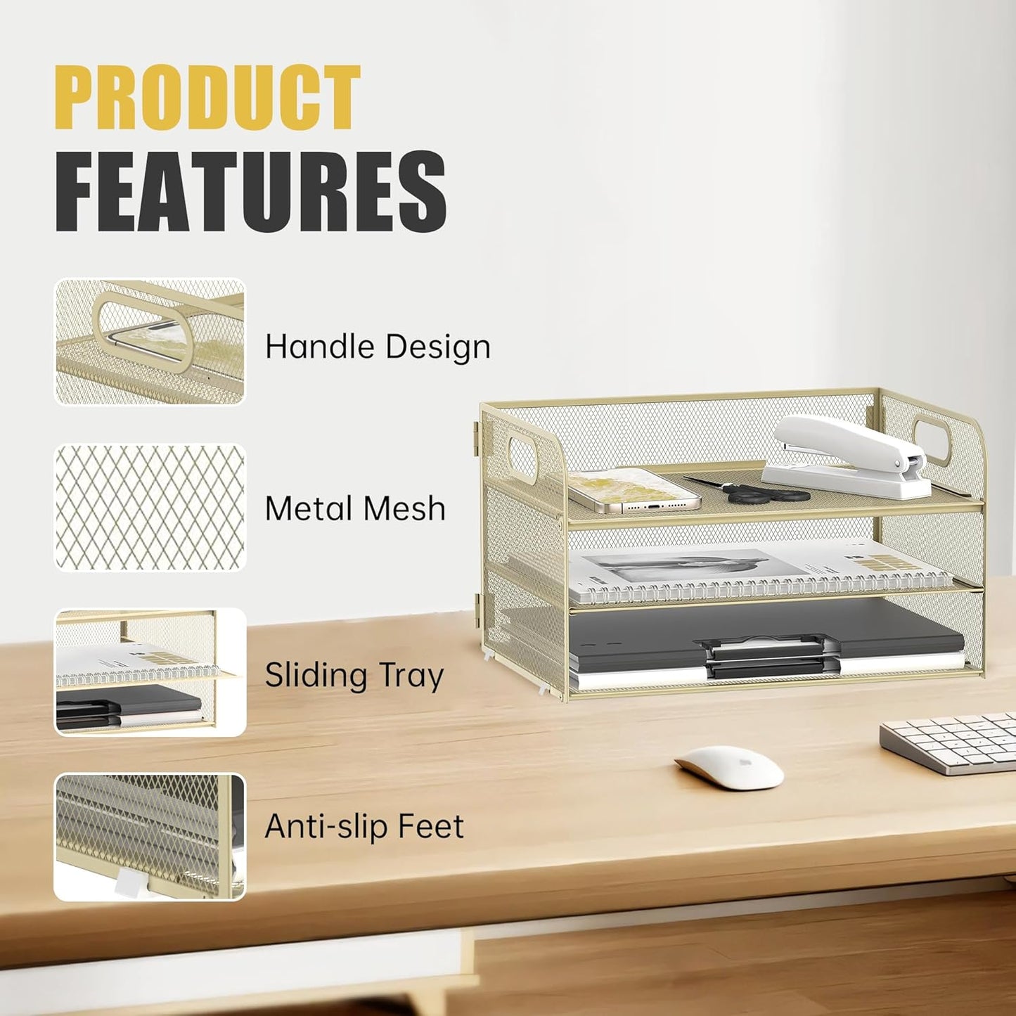 DALTACK 3 Tier Paper Organizer with Handle, Mesh Metal Desk Organizer with Sliding Paper Trays for Letter/A4 Paper, Mail, Bills & Folders, Black