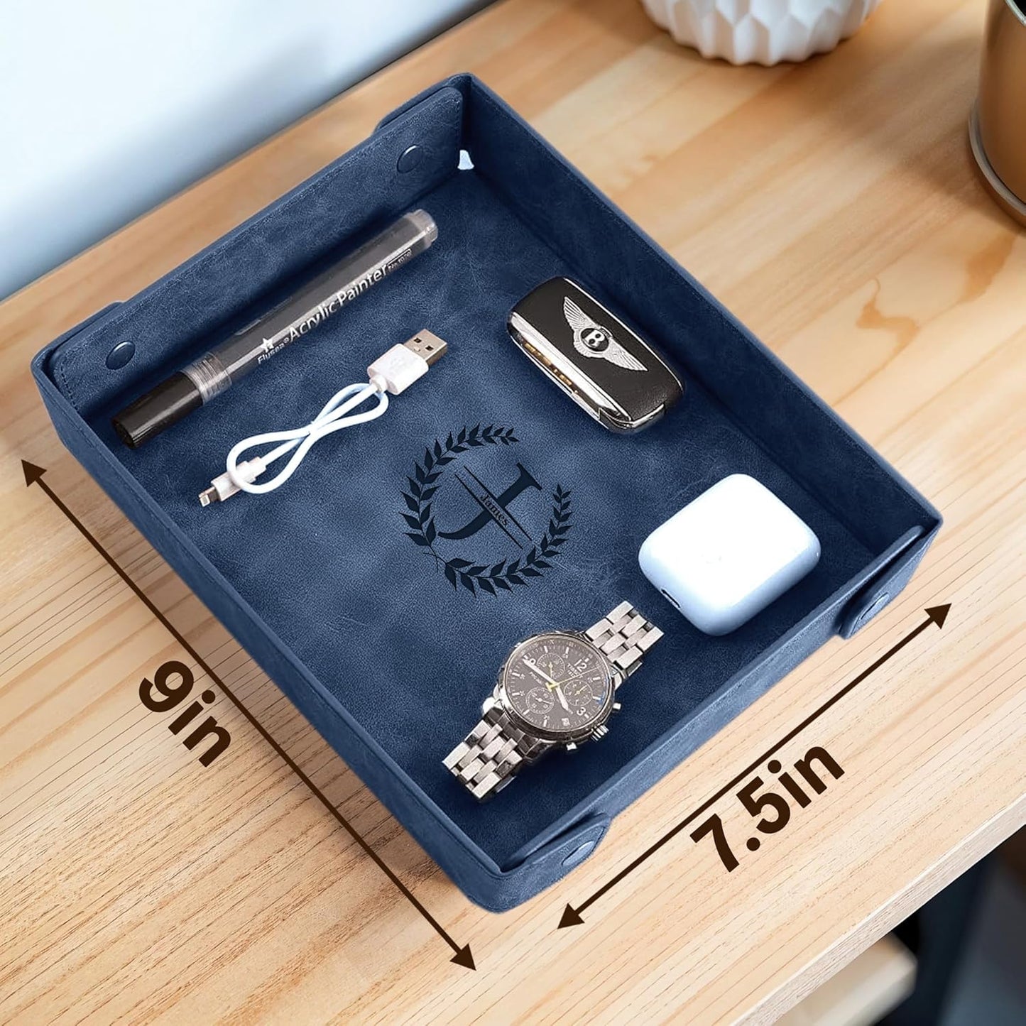 Engraved Leather Valet Tray for Men – Personalized Catchall with Custom Name for Desk, Dresser, Nightstand – Men's Organizer Tray for Keys, Wallet, Jewelry, Personalized Gift for Home, Office - Coffee