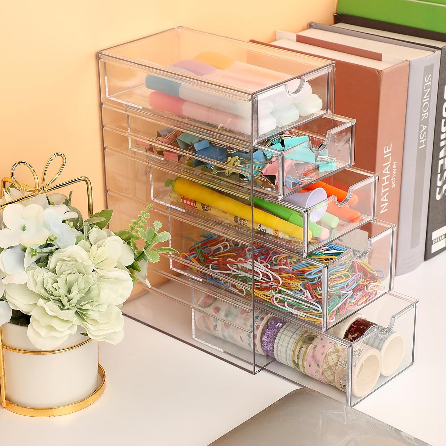 Hipiwe Plastic Drawer Organizer Clear Desktop Drawers Box with 6 Pull Out Drawer Compact Storage Box for Cabinet Vanity Bathroom Bedroom Pantry Shelf Office Closet Organization