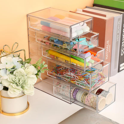 Hipiwe Plastic Drawer Organizer Clear Desktop Drawers Box with 6 Pull Out Drawer Compact Storage Box for Cabinet Vanity Bathroom Bedroom Pantry Shelf Office Closet Organization