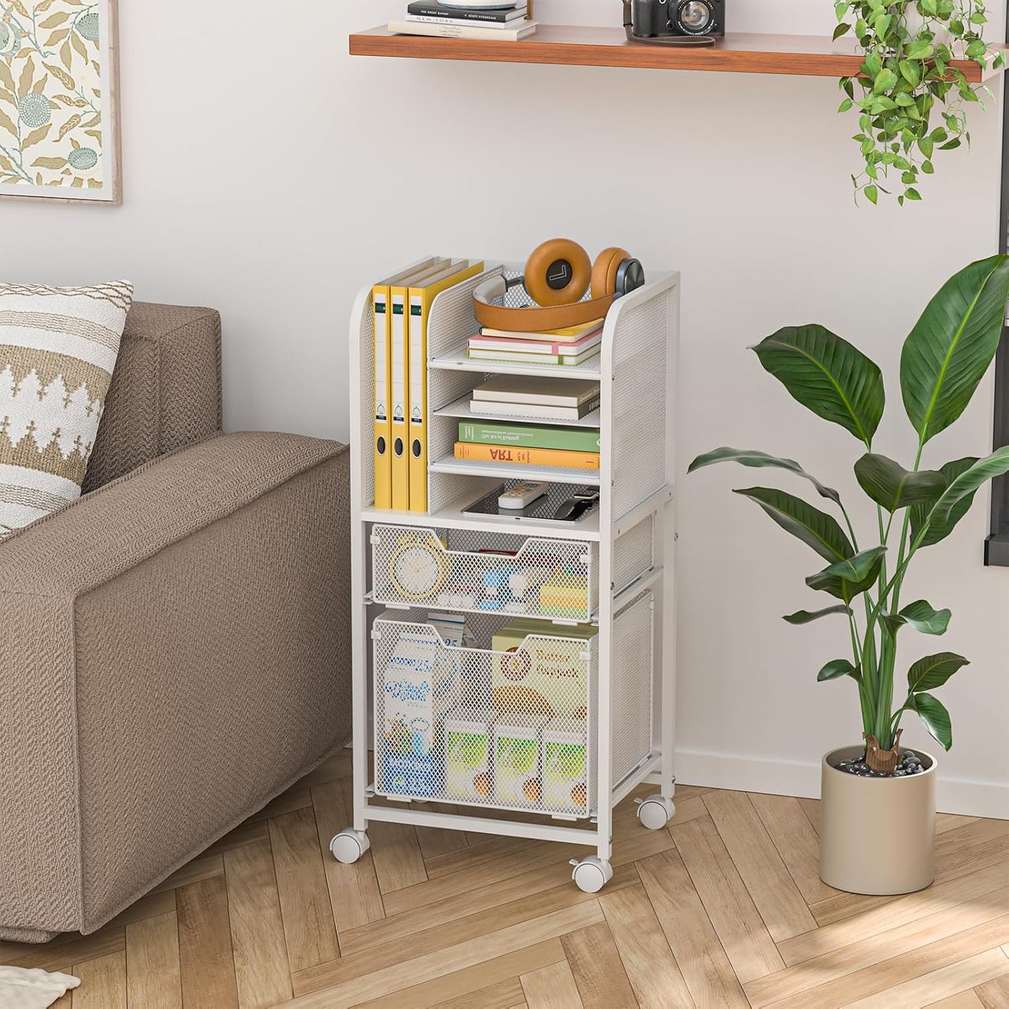 5-Tier Rolling File Cart Under Desk with Drawers, File Cabinet Organizer for Hanging File Folders, Letter-Size File Storage with Wheels, Multi-Layer Mobile Filing Cabinet for Under Desk Storage