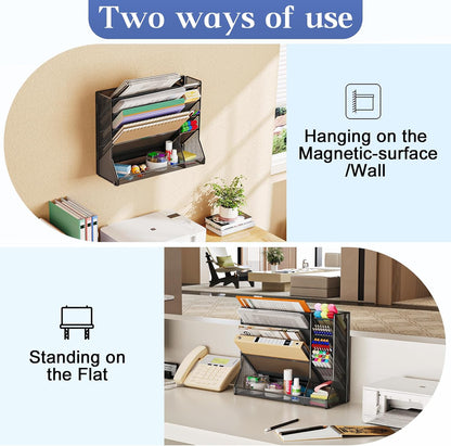 Jakyitvi File Organizer Wall Mounted, 4 Tiers Durable Adjustable Metal Desk Organizer, Desktop Hanging File Holder with 4 Pen Slots Stable, 4 Pull-Out Divider for File, Mail, Black, Patent Pending