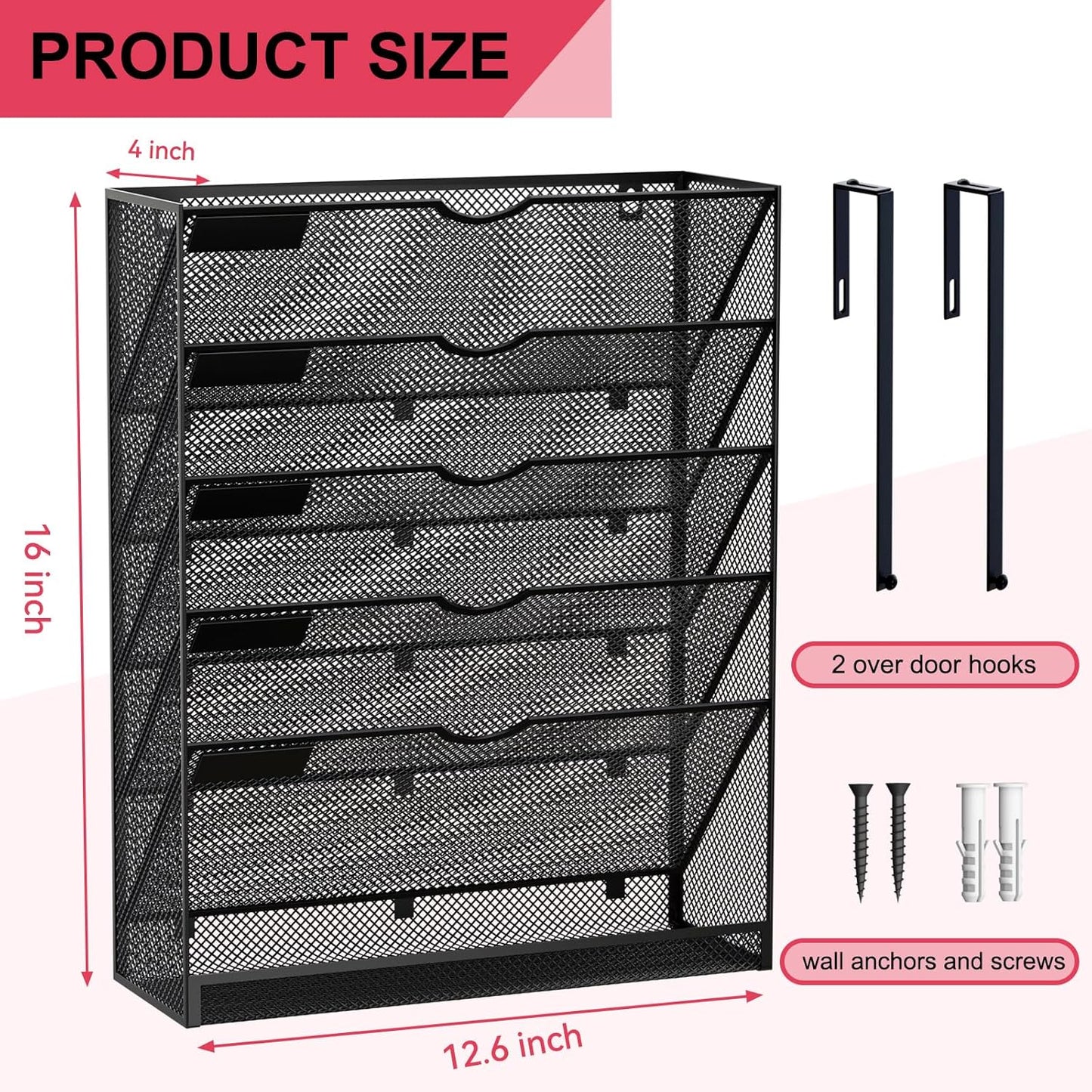Wall File Organizer Holder Mesh Hanging Paper Document Holder,Vertical 6 Pocket Tier for Office Home, Black