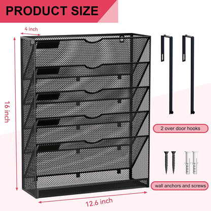 Wall File Organizer Holder Mesh Hanging Paper Document Holder,Vertical 6 Pocket Tier for Office Home, Black