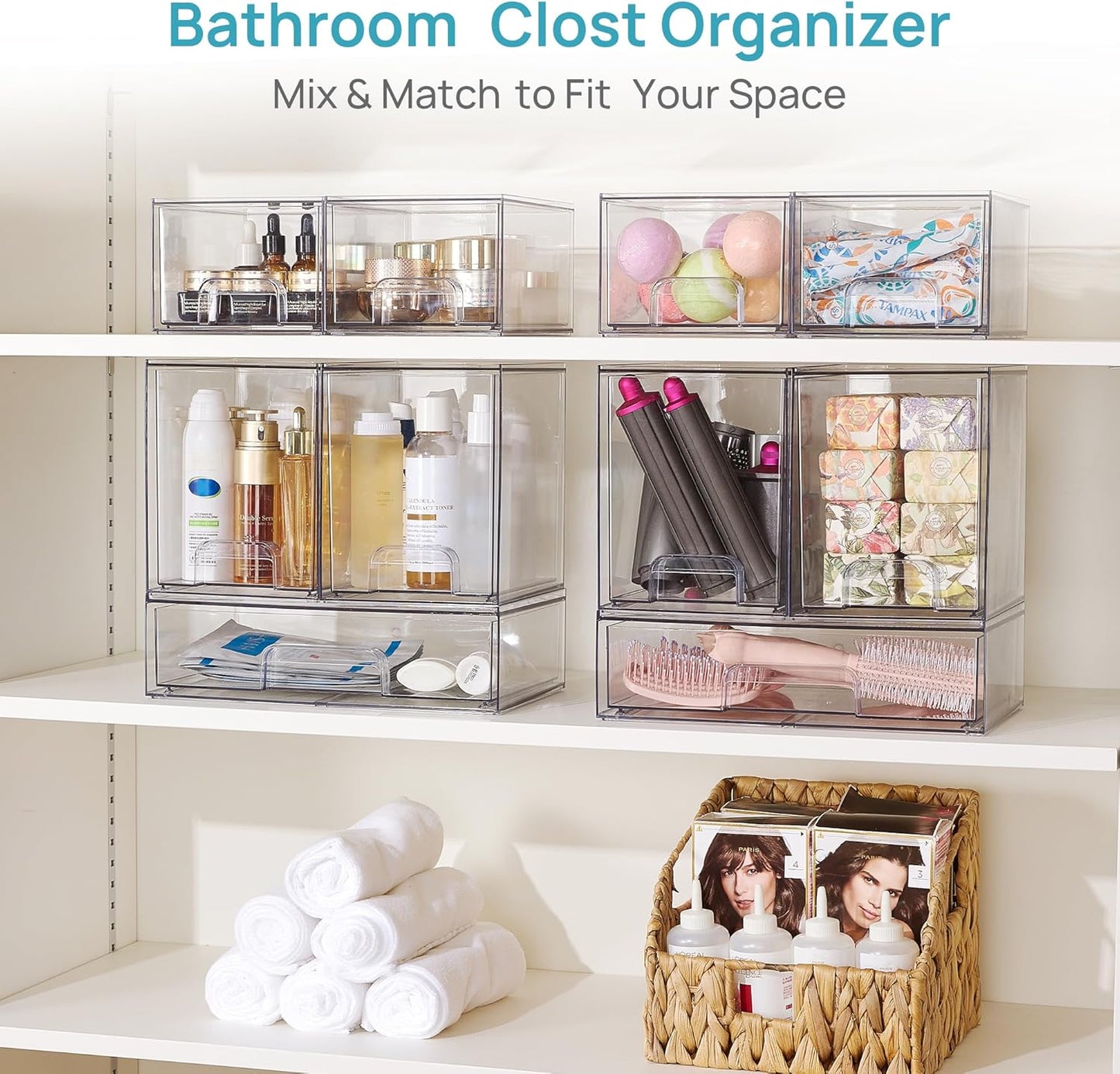 Vtopmart Stackable Storage Drawers Set of 4, Clear Plastic Organizer Bins for Bathroom Supplies,Ideal for Cabinet,Pantry,Laundry Room Organization