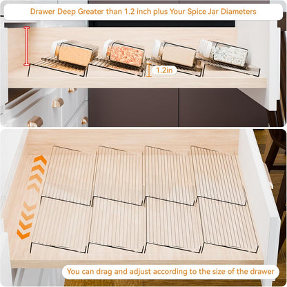 Yieach 4 Pack Adjustable Narrow Spice Rack for Drawer - Expandable From 9" to 17.7" - Acrylic Drawer Seasoning Organizer,Tiered Clear Spice Tray for Spices,Condiment,Nail Polish and Jar Organization